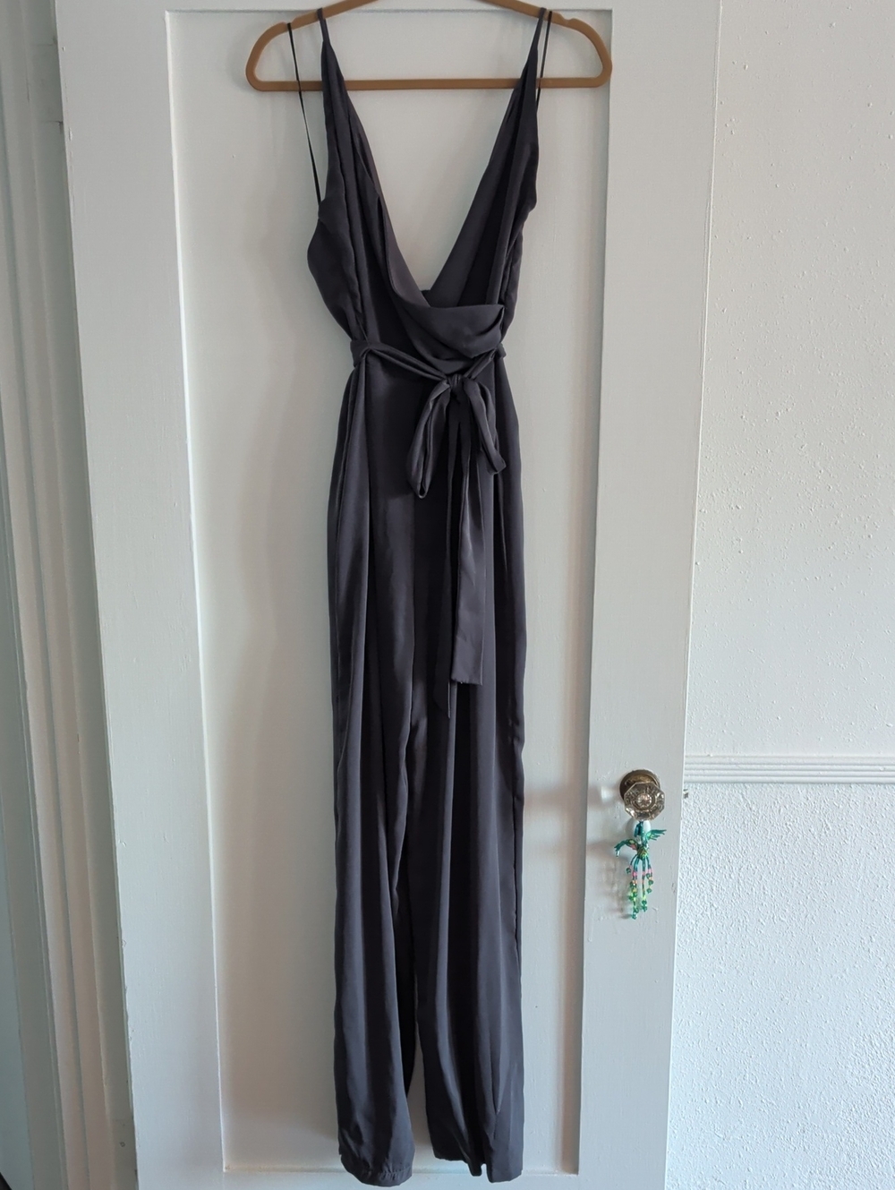 Lulu's Satin Cowl-Neck Slate Green Jumpsuit with Waist Tie